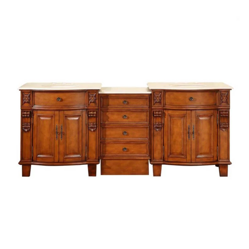 Elegant wooden sideboard with carved details, featuring two cabinets and four drawers in warm honey-toned finish with marble-like top.