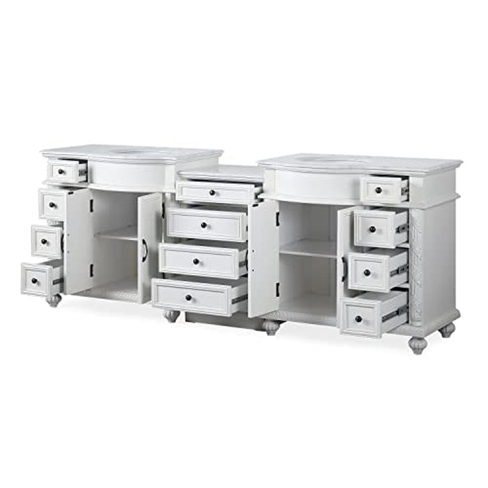 White bathroom vanity with multiple drawers open, revealing storage compartments and clean design aesthetic.