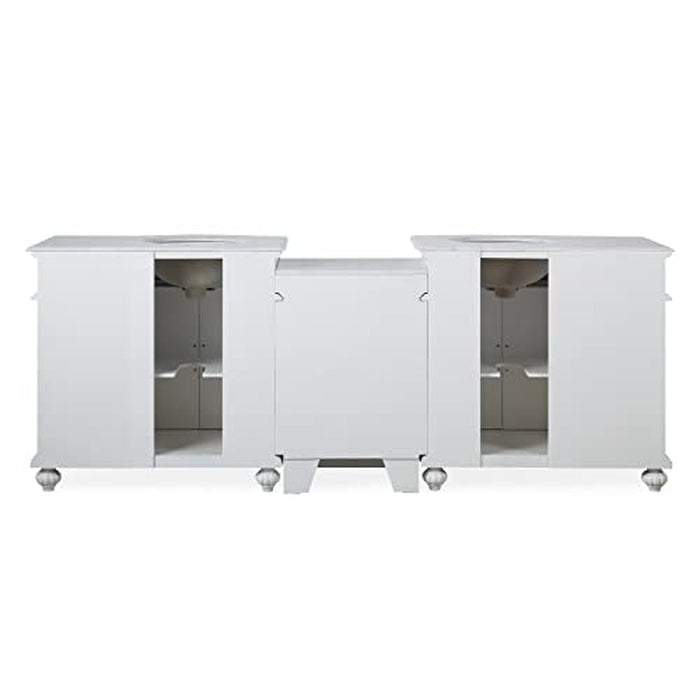 White three-section cabinet with open side compartments and spherical caster wheels, minimalist design with clean lines.