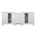 White three-section cabinet with open side compartments and spherical caster wheels, minimalist design with clean lines.