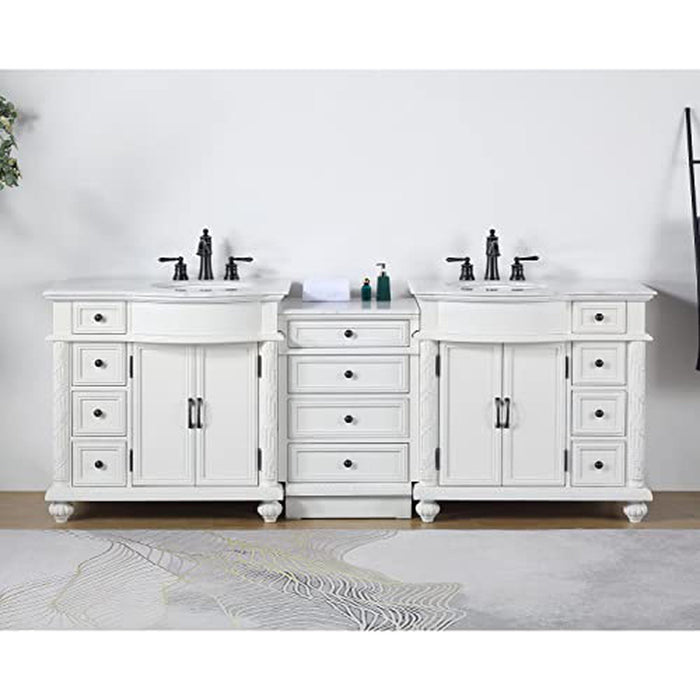 White double vanity with black fixtures, center drawers, and two sinks on a patterned floor rug