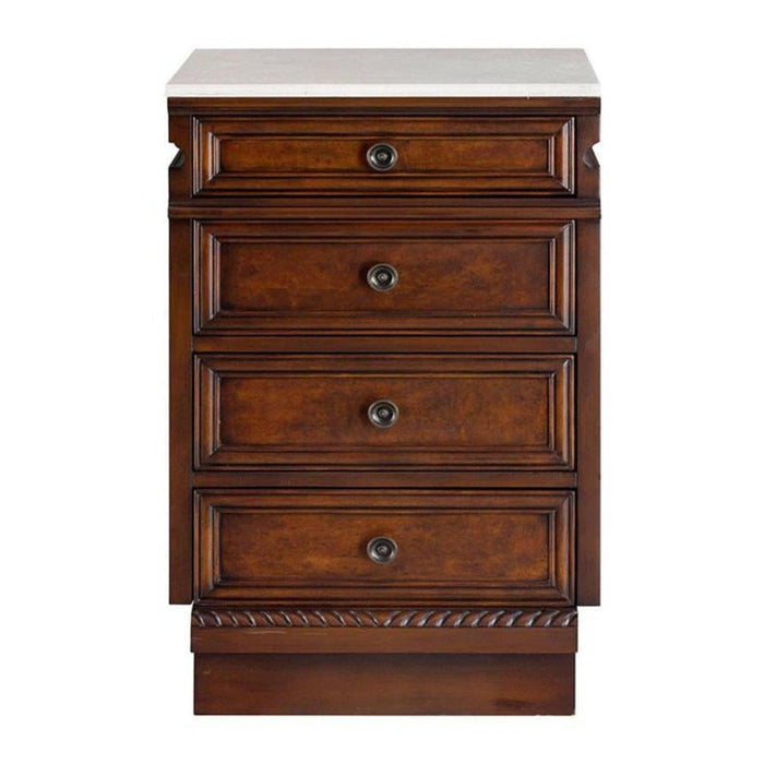 Dark wood nightstand with four raised-panel drawers and decorative round drawer pulls, white top surface