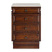 Dark wood nightstand with four raised-panel drawers and decorative round drawer pulls, white top surface