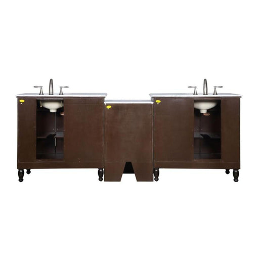 Dark wood double vanity with white countertop, two sinks, and chrome faucets, featuring open storage shelves on each side.