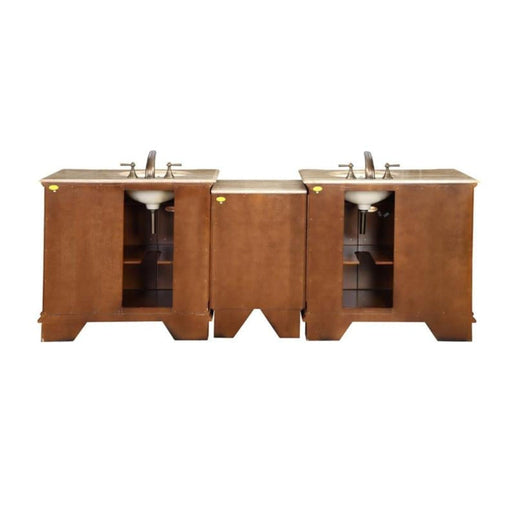 Wooden double bathroom vanity with stone countertop, three cabinets, and two integrated sinks with silver faucets.