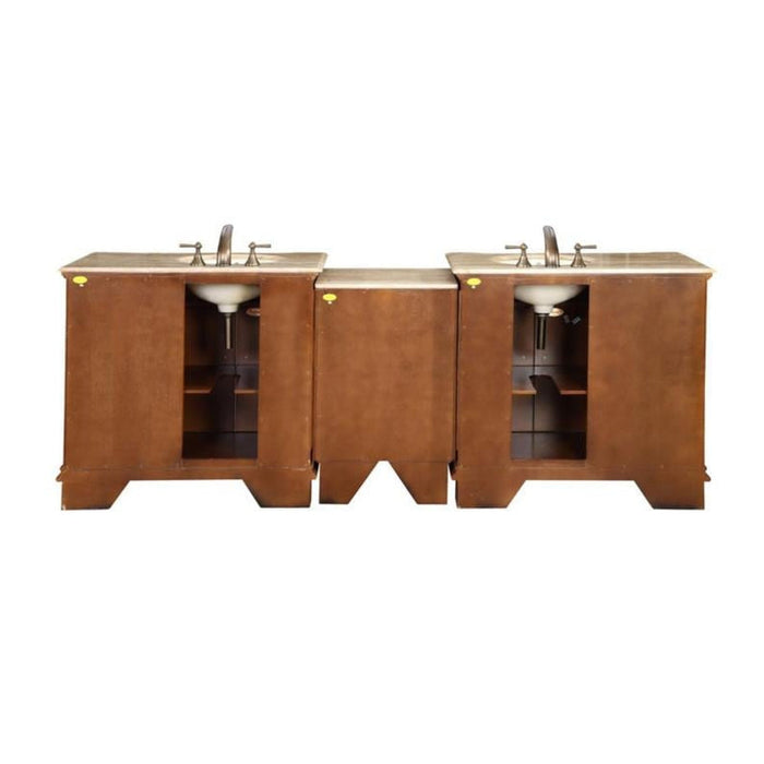 Wooden double bathroom vanity with stone countertop, three cabinets, and two integrated sinks with silver faucets.