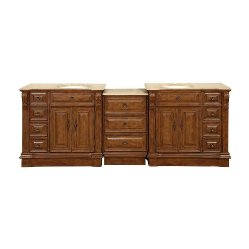 Three-piece wooden bathroom vanity in rich brown, with ornate side drawers, central drawers, and marble countertop.