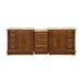 Three-piece wooden bathroom vanity in rich brown, with ornate side drawers, central drawers, and marble countertop.