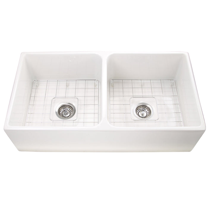 Nantucket Sinks T-FCFS36-DBL 36" Double Bowl Farmhouse Sink with Drains and Grids