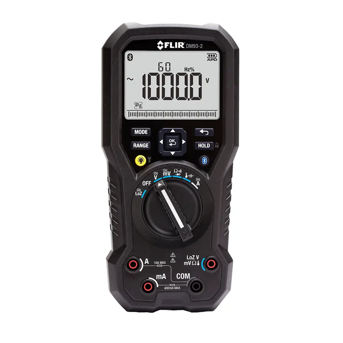 Teledyne FLIR DM93 2 industrial digital multimeter black case display controls.