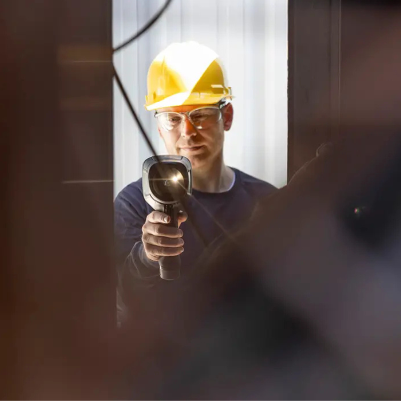 Teledyne FLIR E5 Pro person using camera inspection hard hat.