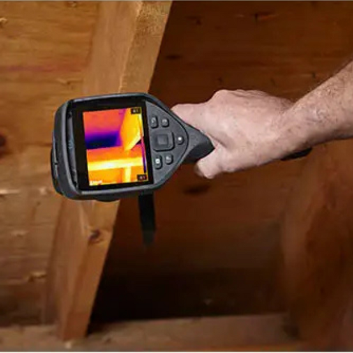 Teledyne FLIR E54 24 NIST handheld view angle thermal scan of wood structure.