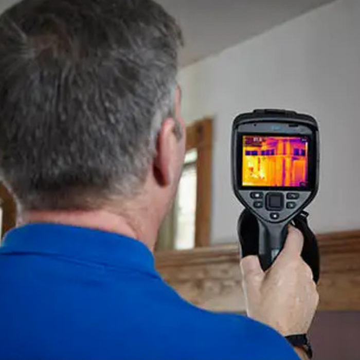Teledyne FLIR E54 24 person using camera facing wall thermal display visible.