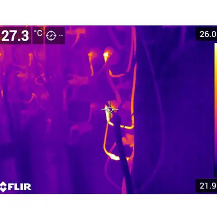 Teledyne FLIR E76 Dual FOV 24 42 thermal image circuit panel heat signature.