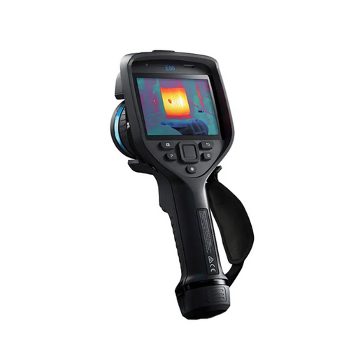 Teledyne FLIR E86 Dual FOV 24 42 angled view black thermal camera screen showing heat scan.