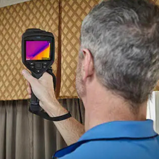 Teledyne FLIR E86 Dual FOV 24 42 close up of man using thermal camera on curtains.