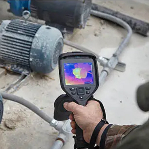 Teledyne FLIR E86 close up machinery scan hand holding camera thermal image.