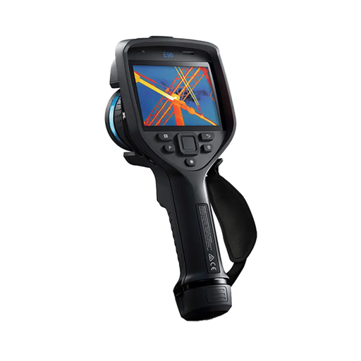 Teledyne FLIR E96 Dual FOV 24 42 14 30Hz 640x480 angled view thermal imager screen on black housing.