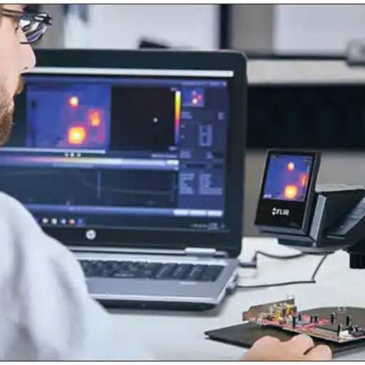Teledyne FLIR ETS320 closeup operator using thermal system with laptop and electronics.