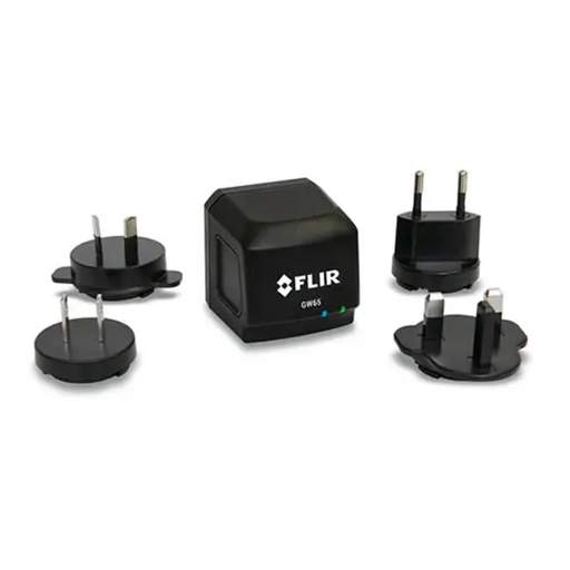 Teledyne FLIR GW65 Remote Monitoring Gateway angled view black charger with adapters.