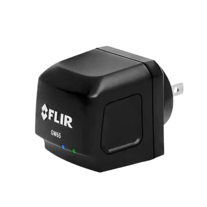 Teledyne FLIR GW65 Remote Monitoring Gateway close up front view black charger led indicators.