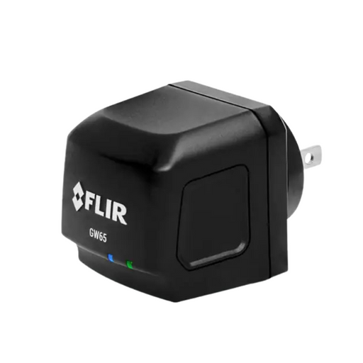 Teledyne FLIR GW65 Remote Monitoring Gateway close up front view black charger led indicators.