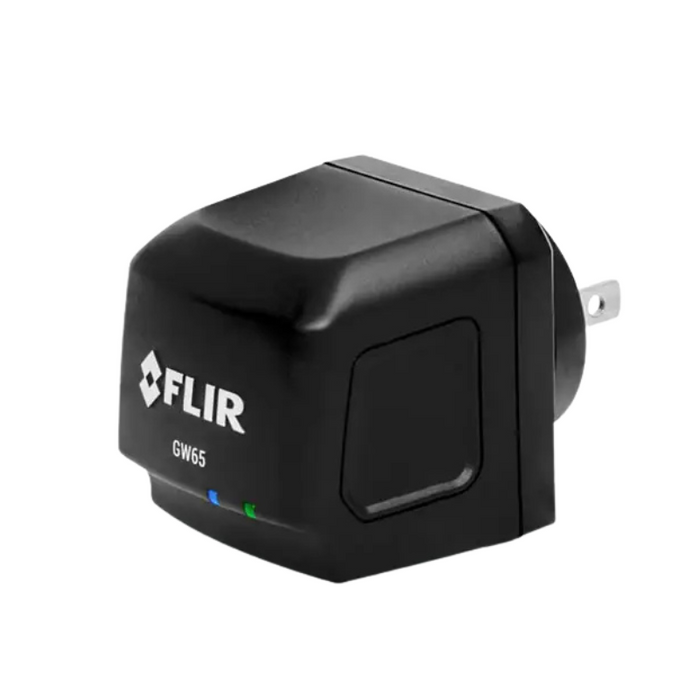 Teledyne FLIR GW65 Remote Monitoring Gateway close up front view black charger led indicators.