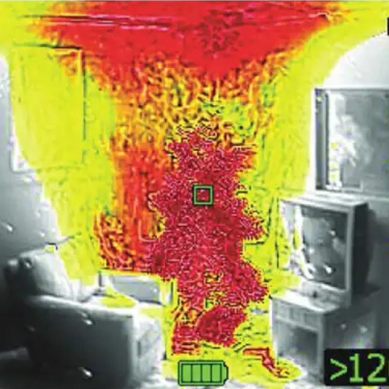 Teledyne FLIR K33 thermal display showing heat signatures in room.