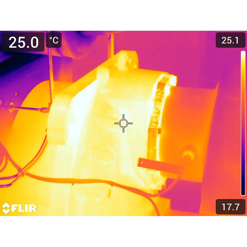Teledyne FLIR Lens IR 17mm DFOV thermal image close up of motor with thermal readings.