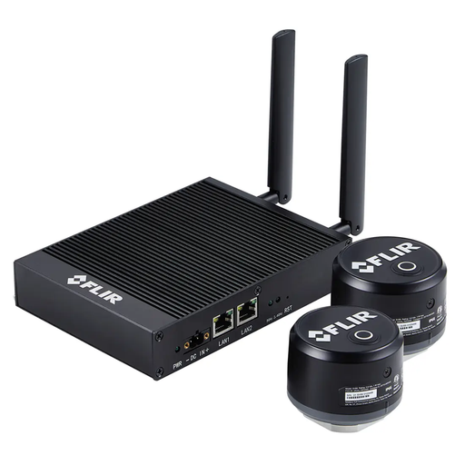 Teledyne FLIR SV89 KIT remote vibration temperature monitoring solution with gw66 gateway and 2x sv89 sensors front view black device with antennas.