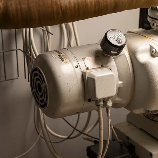 Teledyne FLIR SV89 KIT remote vibration temperature monitoring solution with gw66 gateway and 2x sv89 sensors installed on industrial motor side view showing cables.