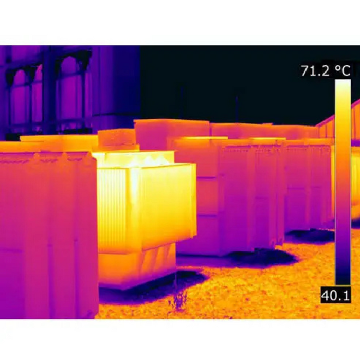 Teledyne FLIR T1020 KIT 45 front view thermal scan of transformers showing heat distribution.