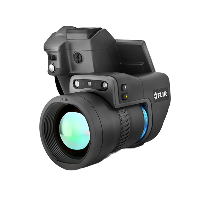Teledyne FLIR T1020 KIT 45 side view digital camera black body with green lens.