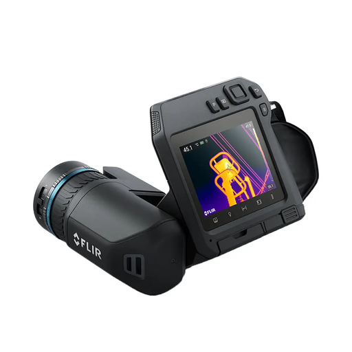 Teledyne FLIR T540 DFOV close up angled view of screen and lens with thermal image.