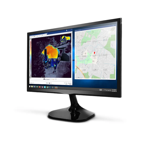 Teledyne FLIR T850152 Thermal Studio Software Professional Edition Perpetual License for 20 Active Users angled view black monitor thermal map and location map displayed.