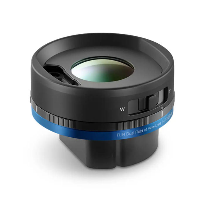 Teledyne FLIR T865 DFOV 24 42 thermal lens close up blue ring black housing.