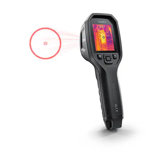 Teledyne FLIR TG165 X angled view red laser pointer on white background.