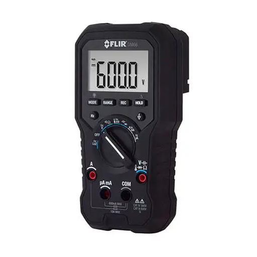 Teledyne Flir DM66 angled view black multimeter 600v display.