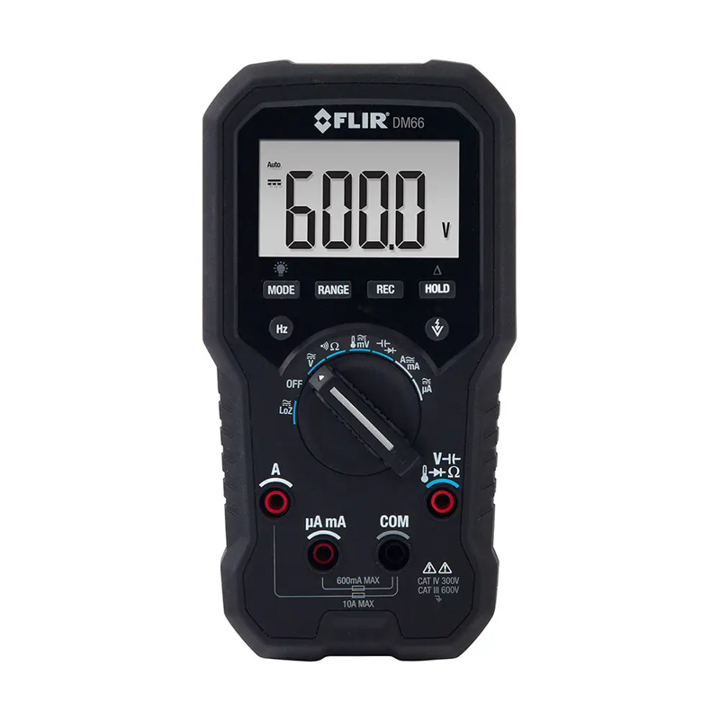 Teledyne Flir DM66 front view black multimeter with rotary switch.