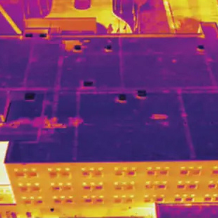 Teledyne Flir Duo Pro R 640 13mm 30hz thermal image rooftop structures yellow purple palette.
