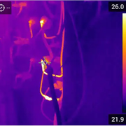 Teledyne Flir E76 24 14 42 Advanced Thermal Imaging Camera thermal image of electrical panel hotspots highlighted.