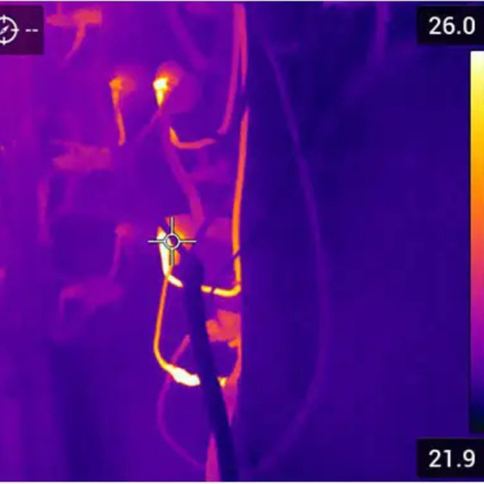 Teledyne Flir E76 24 14 42 Advanced Thermal Imaging Camera thermal image of electrical panel hotspots highlighted.
