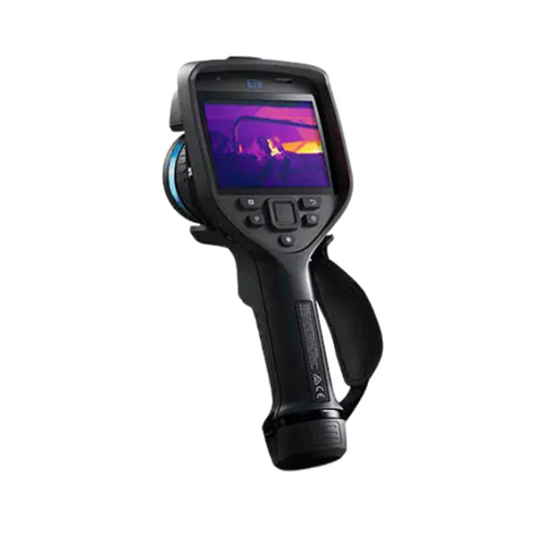 Teledyne Flir E76 24 Nist side view black thermal camera with hand strap and screen on.