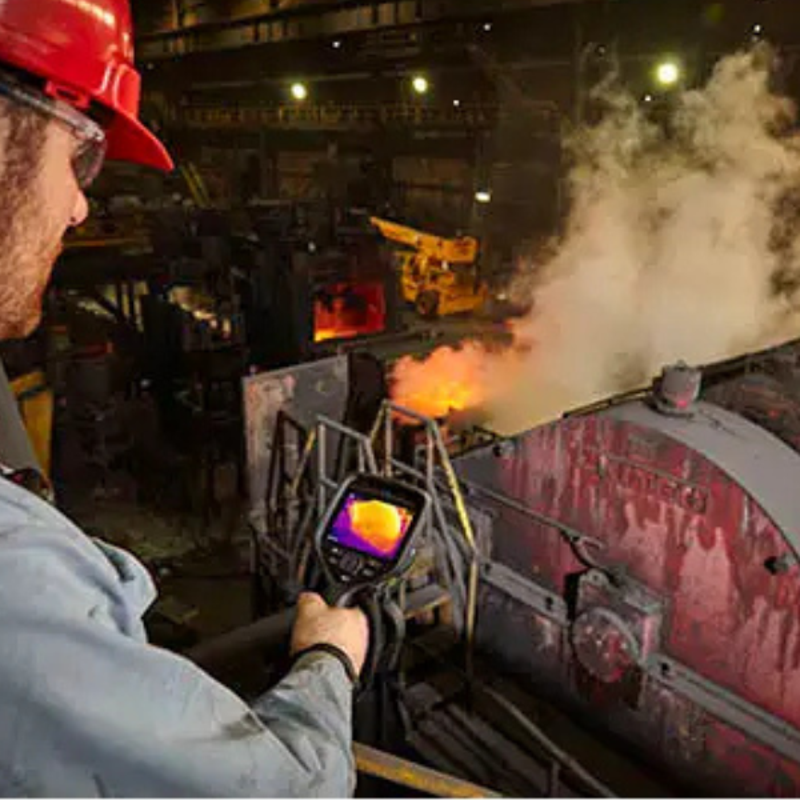 Teledyne Flir E76 24 Nist worker using thermal camera in industrial foundry.