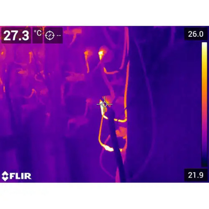 Teledyne Flir E76 dual fov thermal scan image of electrical components.