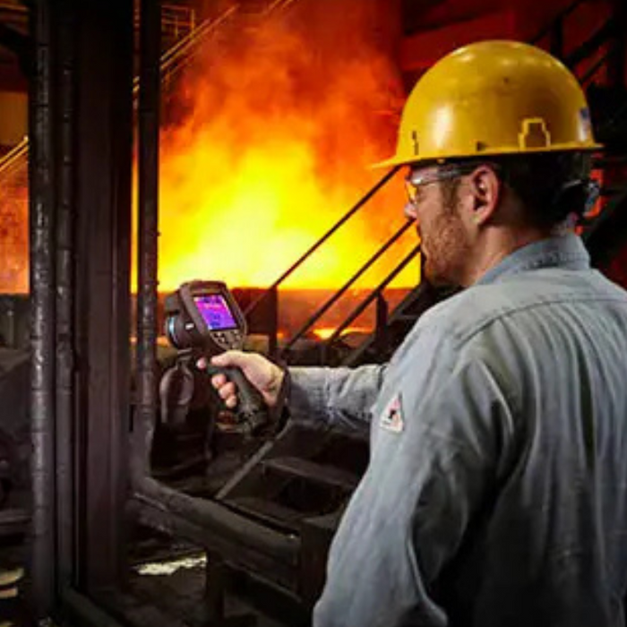 Teledyne Flir E96 industrial worker using camera near furnace.