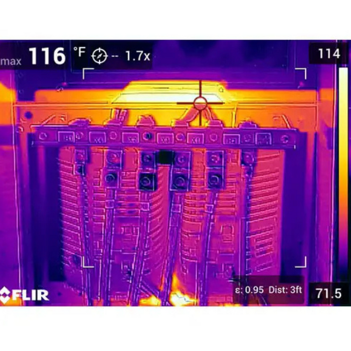 Teledyne Flir E96 thermal image close up of electrical components.