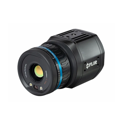 Teledyne Flir Gf77A 25 angled view black camera blue ring lens labeling.