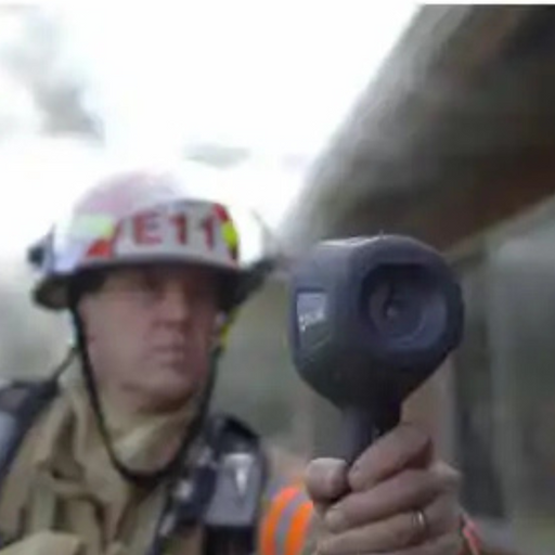 Teledyne Flir K55 firefighter pointing camera toward building.