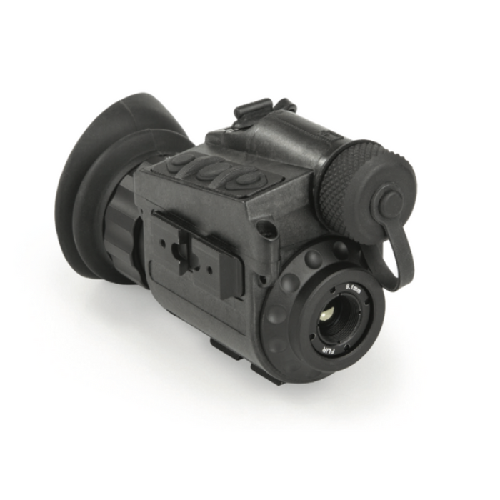 Teledyne Flir Ptq136 Breach angled view black thermal monocular with lens label.